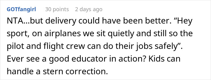 Screenshot of a Reddit comment discussing how a man told a disruptive kid on a plane to be quiet, upsetting the mom.