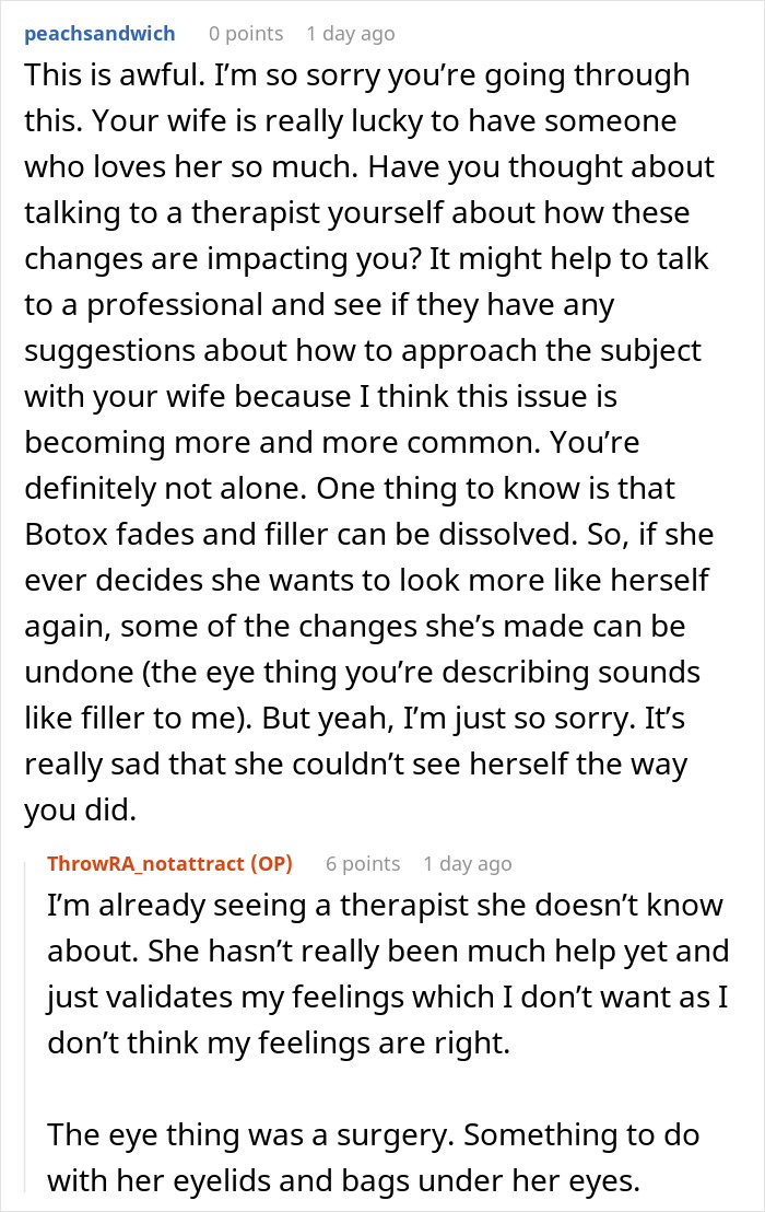Reddit conversation discussing husband unattracted to plastic surgery on wife and seeking therapist advice on relationship impact.