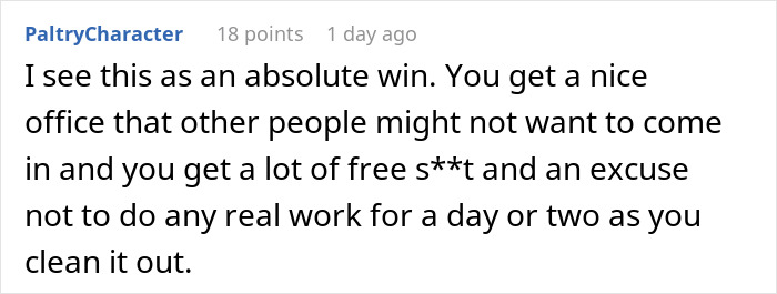 Screenshot of a Reddit comment about a new job and cleaning out a deceased coworker&rsquo;s office frozen in grime.
