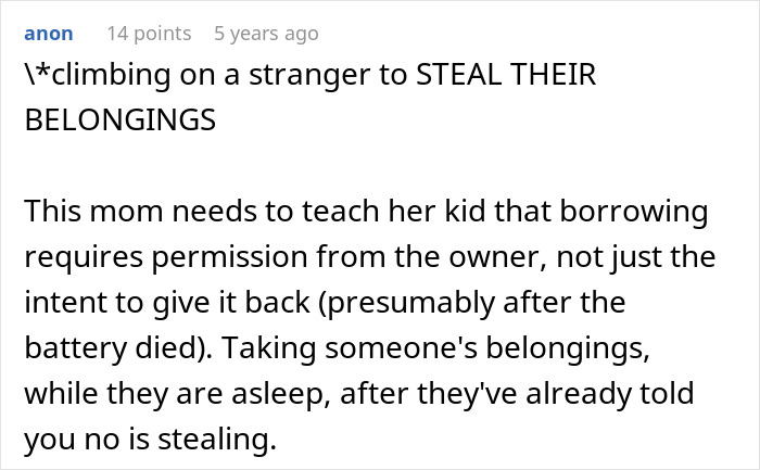 Screenshot of a Reddit comment about a mom upset over a teen refusing to entertain a stranger&rsquo;s kid on a long flight.