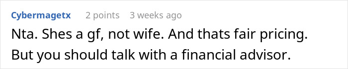 Screenshot of an online comment discussing a woman refusing to contribute to bills after her boyfriend buys a $600K house.