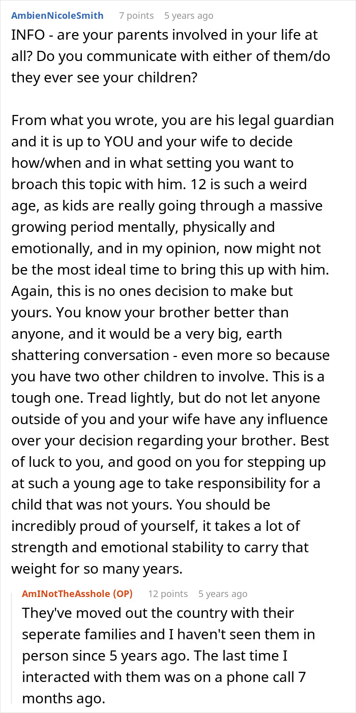 Man wonders if he should tell his son about his real parents and the emotional challenges involved in revealing the truth.