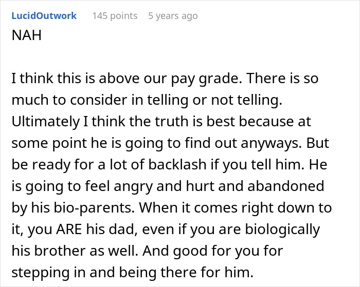Screenshot of a Reddit comment discussing whether a guy should tell his son the harsh truth about his real parents.