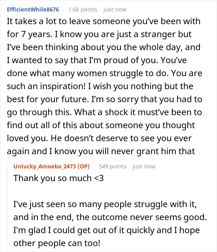 Reddit comments showing support and gratitude about a man announcing a breakup after 7 years to everyone except his girlfriend.