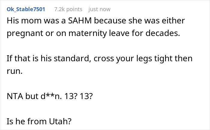 Reddit comment discussing boyfriend's mother and family expectations about being a stay-at-home mom and maturity standards.