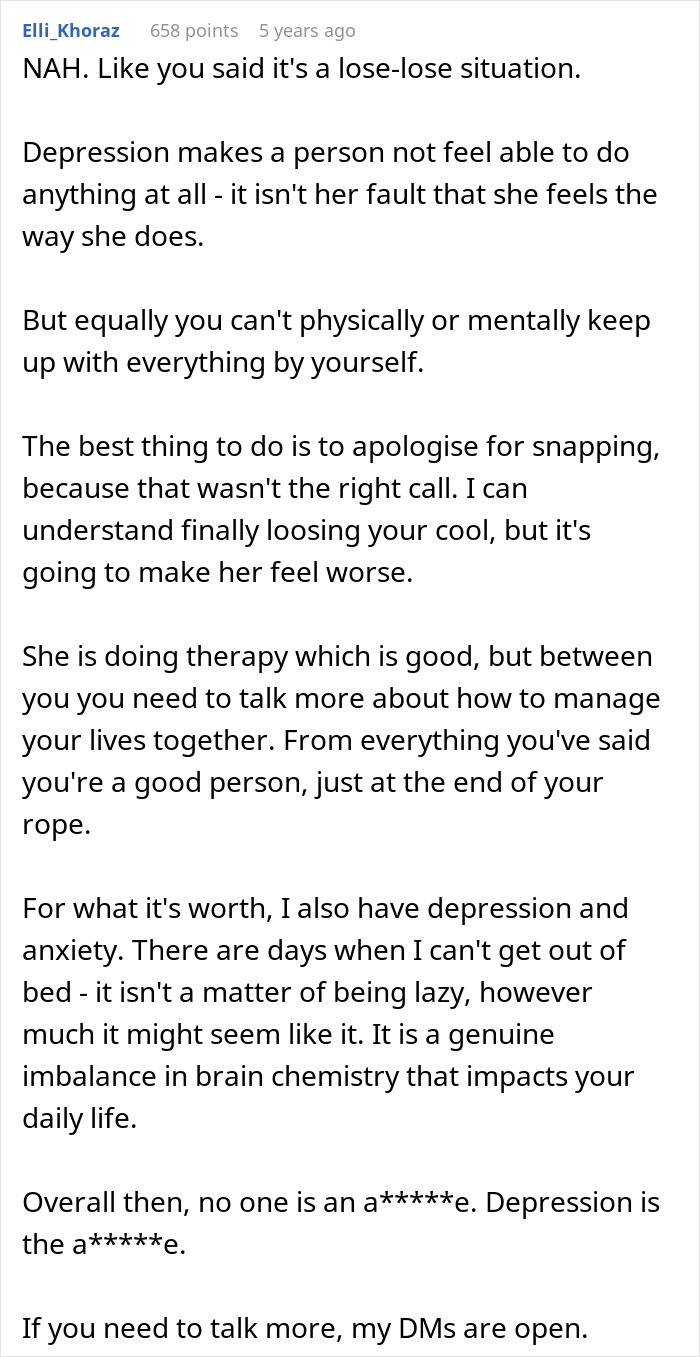 Reddit comment explaining depression is not an excuse for being lazy, offering advice after guy snaps at girlfriend. Reddit comment explaining depression is not an excuse for being lazy, offering advice after guy snaps at girlfriend.