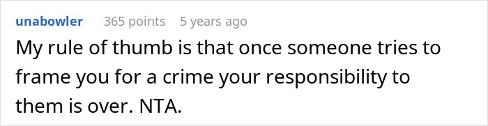 Text post discussing accountability and consequences when someone tries to frame another for a crime, related to trust issues.