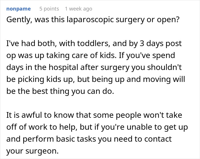 Woman struggles with lack of support and care after surgery while managing two kids, feeling overwhelmed and breaking down.