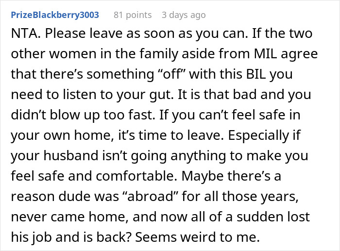 Screenshot of a forum comment advising to leave a relationship due to safety concerns involving a creepy brother-in-law.