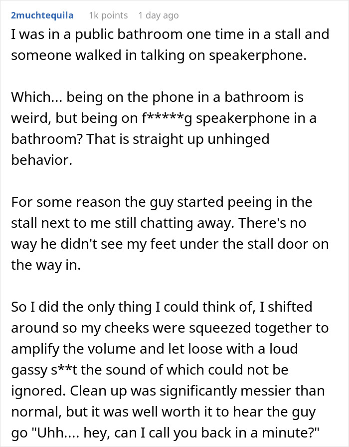 Reddit user shares story of shutting down speakerphone bathroom user with loud interruption, sparking others to share similar stories. Reddit user shares story of shutting down speakerphone bathroom user with loud interruption, sparking others to share similar stories.