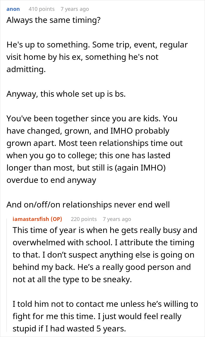 Online discussion about relationship break every year, with users debating timing, growth, and trust issues.