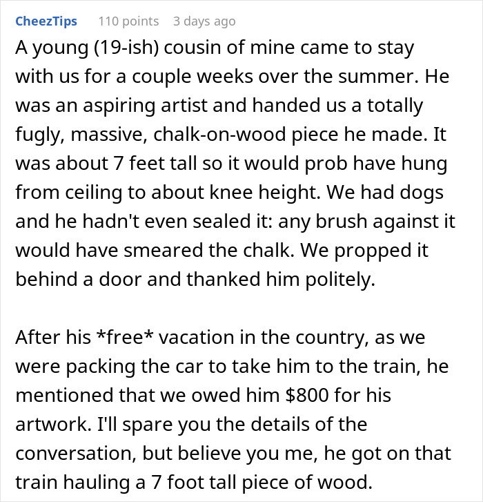 Text post describing being scammed when coworkers attend superior&rsquo;s wife&rsquo;s show that wasn&rsquo;t free as expected.