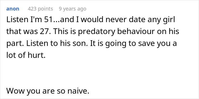 Comment warning about predatory behavior involving woman, boyfriend, and his grown son, advising a wake-up call.