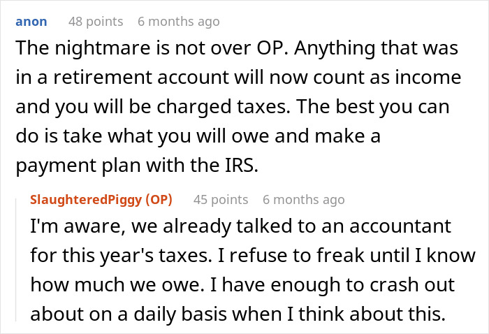 Reddit user discusses shock of scam investment causing zero savings and immense debt, surprising their spouse. Reddit user discusses shock of scam investment causing zero savings and immense debt, surprising their spouse.