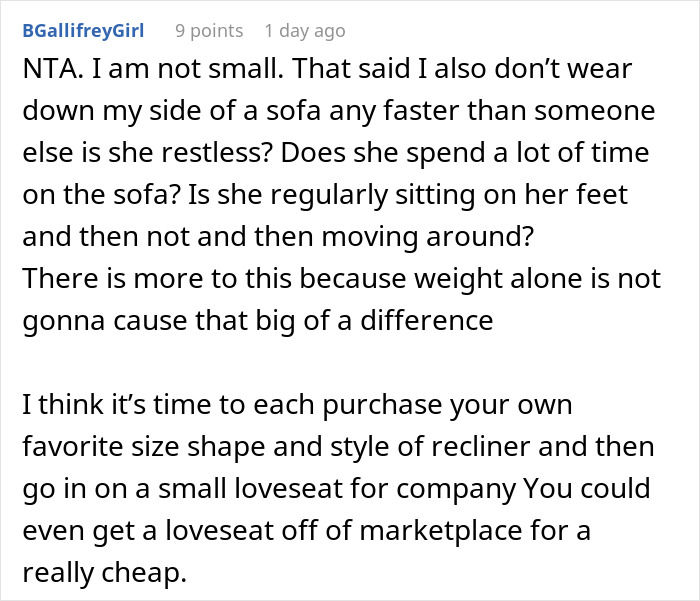 Comment discussing furniture wear and roommate share costs for a new couch related to heavier roommate issue.