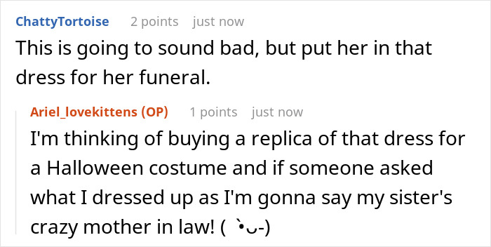 Comments discussing a mother-in-law's outfit at a wedding, with one joking about a Halloween costume replica.