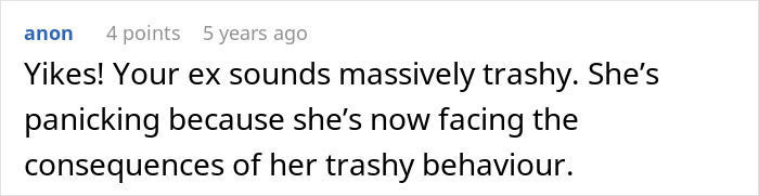 Screenshot of a comment discussing a cheater trying to trap her ex with a baby lie, exposing her behavior and consequences.
