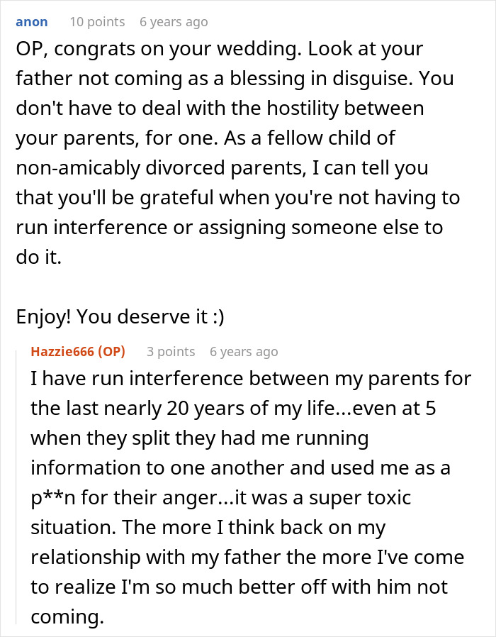 Comments discussing bride&rsquo;s father refusing to attend wedding, highlighting family tension and interference between parents.