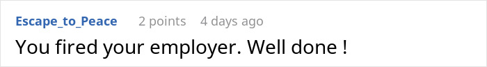 Comment saying you fired your employer, shown in a simple online forum interface, highlighting easily replaceable employee lost big client.
