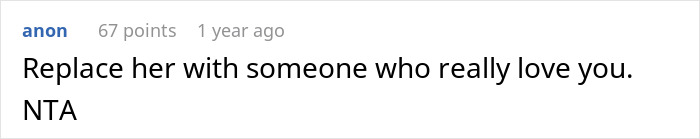 Screenshot of a comment reading Replace her with someone who really love you NTA woman mad at husband misses hospital calls after argument