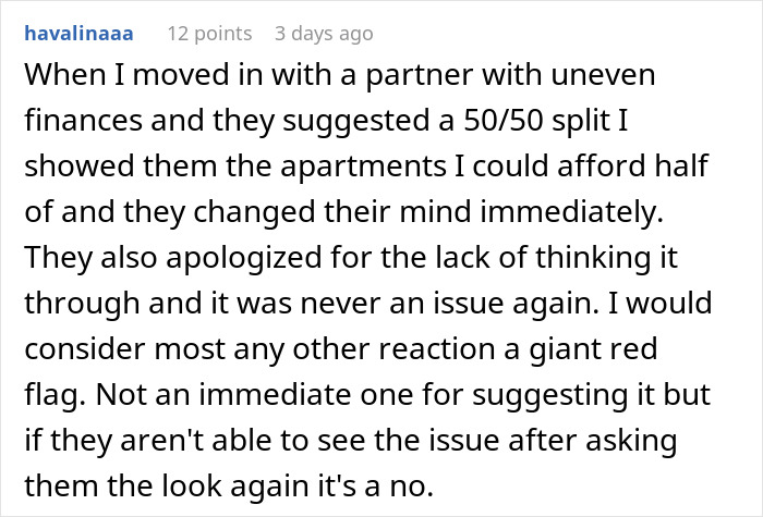 Commenter sharing experience with uneven finances and partner refusing equal rent split, highlighting dynamics in rich boyfriend demands equal split rent girlfriend refuses.