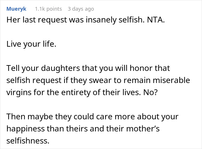 Comment on dying wife&rsquo;s request and daughter calling husband a cheater after he starts dating following her death.