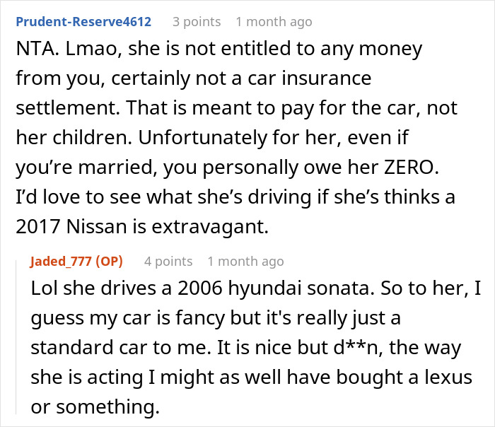 Screenshot of a Reddit conversation discussing a woman using car accident settlement money to buy a new car and related conflict.