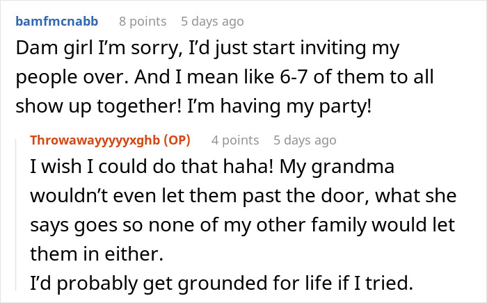 Screenshot of a Reddit conversation about a 17YO venting over sharing a birthday with grandma, causing family drama.