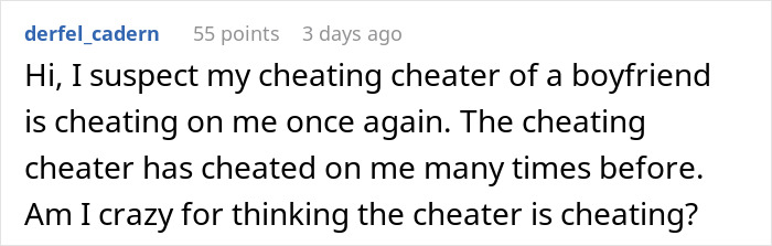 Alt text: Screenshot of a comment expressing suspicion of a serial cheater caught red-handed due to found evidence.