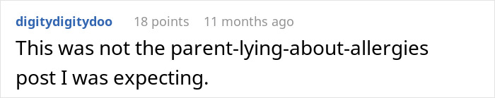 Screenshot of a comment discussing parents who lied about food allergies causing no contact with their daughter.