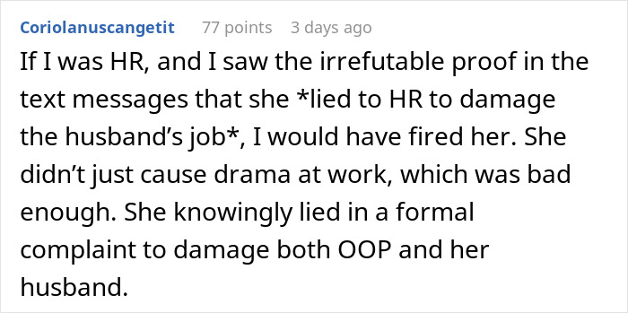 Comment discussing consequences of a woman refusing to film her husband&rsquo;s coworker&rsquo;s wedding for free and causing workplace drama.