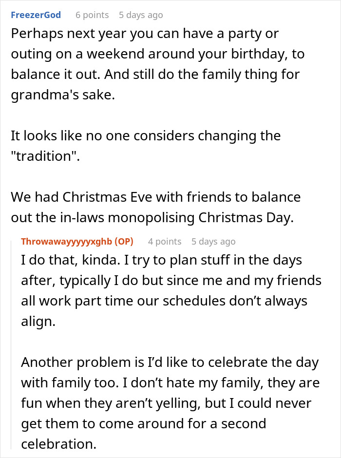 Screenshot of an online forum discussing a 17YO venting about sharing a birthday with grandma, causing family drama.