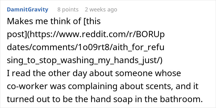 Text post discussing a co-worker complaining about scents despite workplace bans on perfume for allergies accommodations.