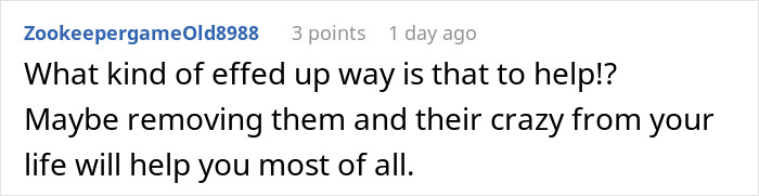 Comment from user ZookeepergameOld8988 expressing frustration about bizarre fake adoption family drama and personal boundaries.