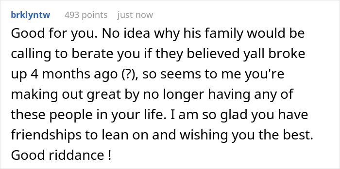 Comment expressing support for a man announcing breakup to everyone except his girlfriend of seven years.