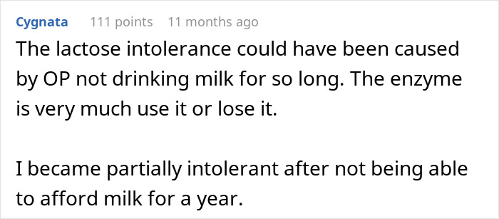 Comment discussing lactose intolerance and its relation to enzyme use, relevant to parents lied food allergies daughter no contact topic.