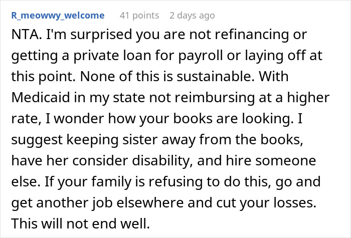 Reddit comment advising doctor to avoid rehiring sister after costly financial mistakes at the medical practice.