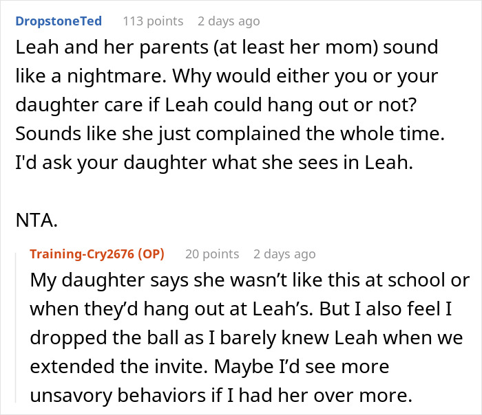 Screenshot of Reddit comments discussing drama between moms after a 12-year-old ruins a friend's birthday party.