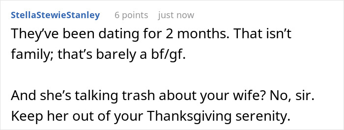 Comment discussing a man drawing a line when his brother&rsquo;s girlfriend mocks his wife during Thanksgiving family tensions.