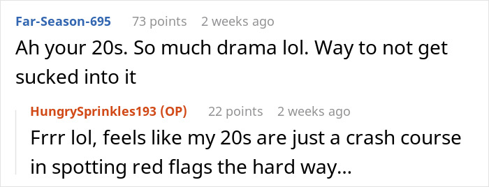 Online conversation about drama and red flags in 20s, reflecting on rejection and dating after a breakup.