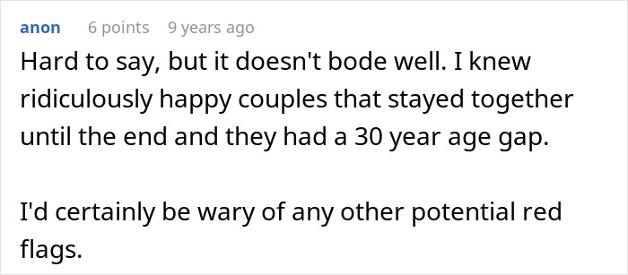 Screenshot of an online comment warning about potential red flags in relationships with significant age gaps.