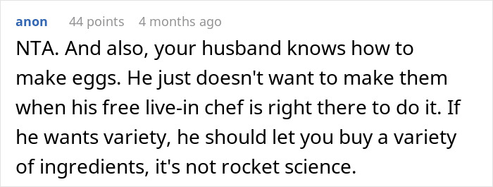 Commenter explaining husband yells at wife for cooking same meal due to ingredient restrictions.
