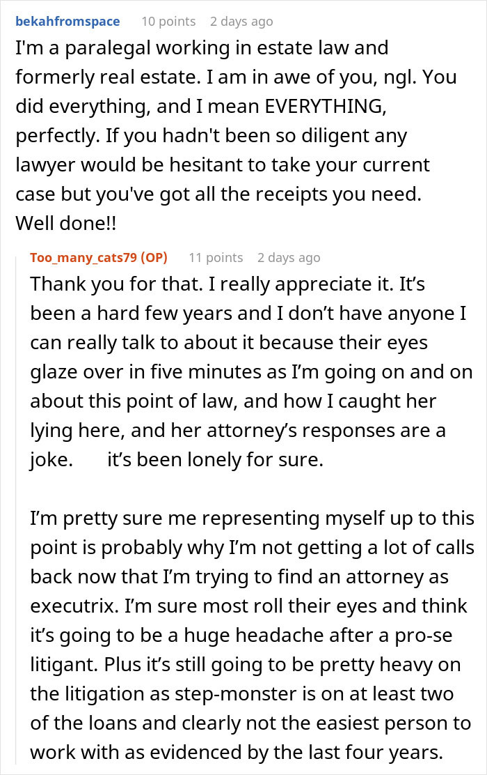 Grieving daughter determined to pursue legal battle against step-monster for financial ruin in family estate dispute.