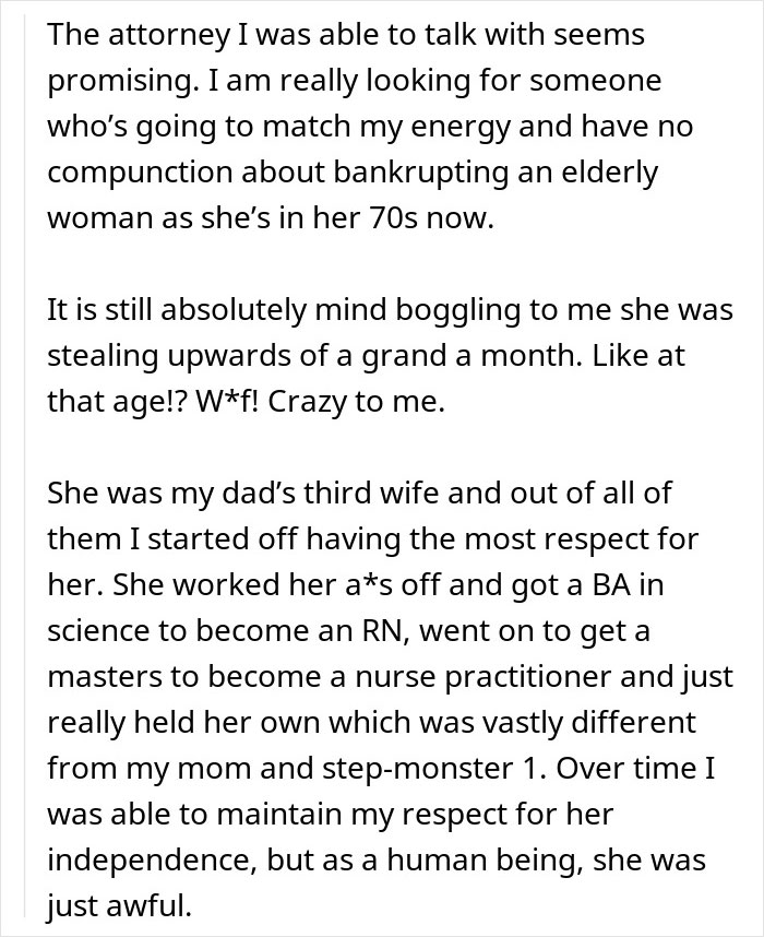 Alt text: Text excerpt from a grieving daughter determined to drive her step-monster to financial ruin after betrayal and disrespect.