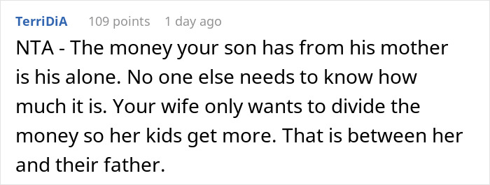 Wife throws tantrum over husband not disclosing how much stepson inherited from late mother.
