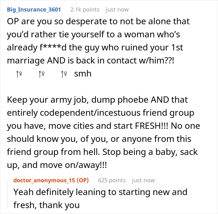 ALT text: Text conversation about betrayal involving ex-wife cheating and fears about best man targeting a new girlfriend.