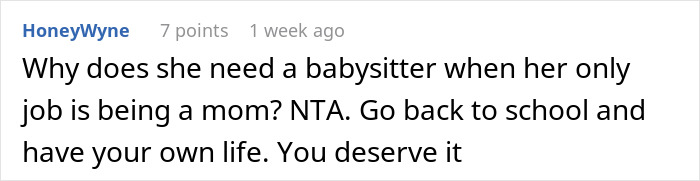 Screenshot of a comment expressing support for a woman quitting being a free babysitter and encouraging her independence.