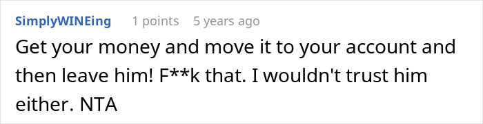 Screenshot of an online comment where a woman advises moving money after husband &lsquo;steals&rsquo; her $15k tummy tuck savings.