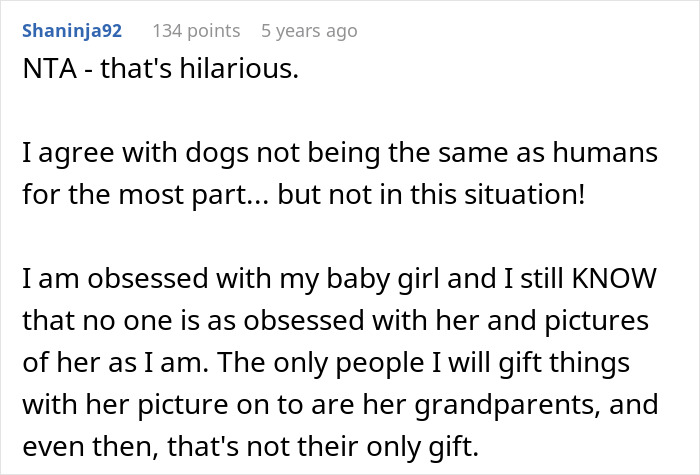 Comment discussing a man trolling his sister by gifting dog photos in response to annual kid&rsquo;s photo gifts, causing her fury.