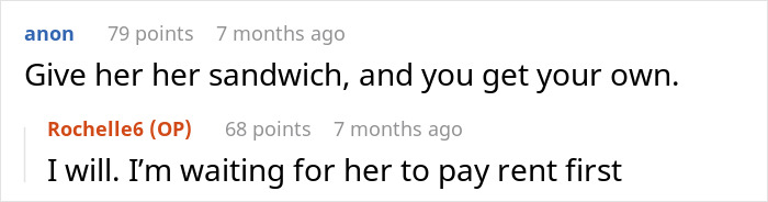 Screenshot of online conversation about a woman refusing to share her chicken sandwich with her cat.